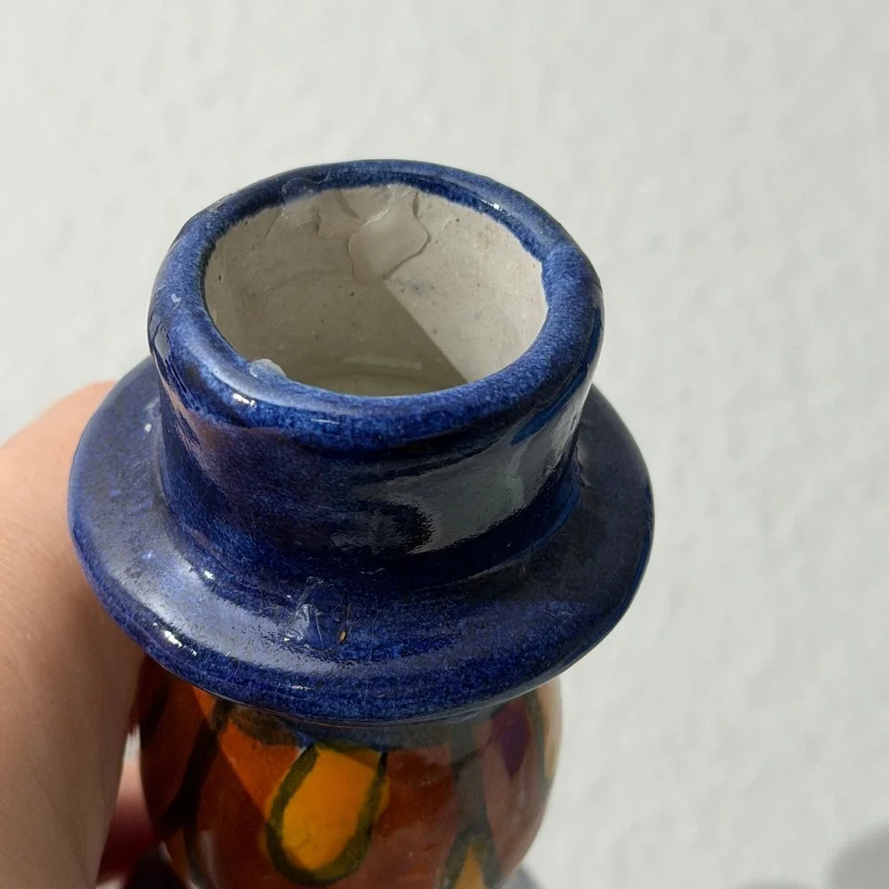 Vintage Mexican Pottery Candlestick Holders Pair Hand Painted Blue Folk Art